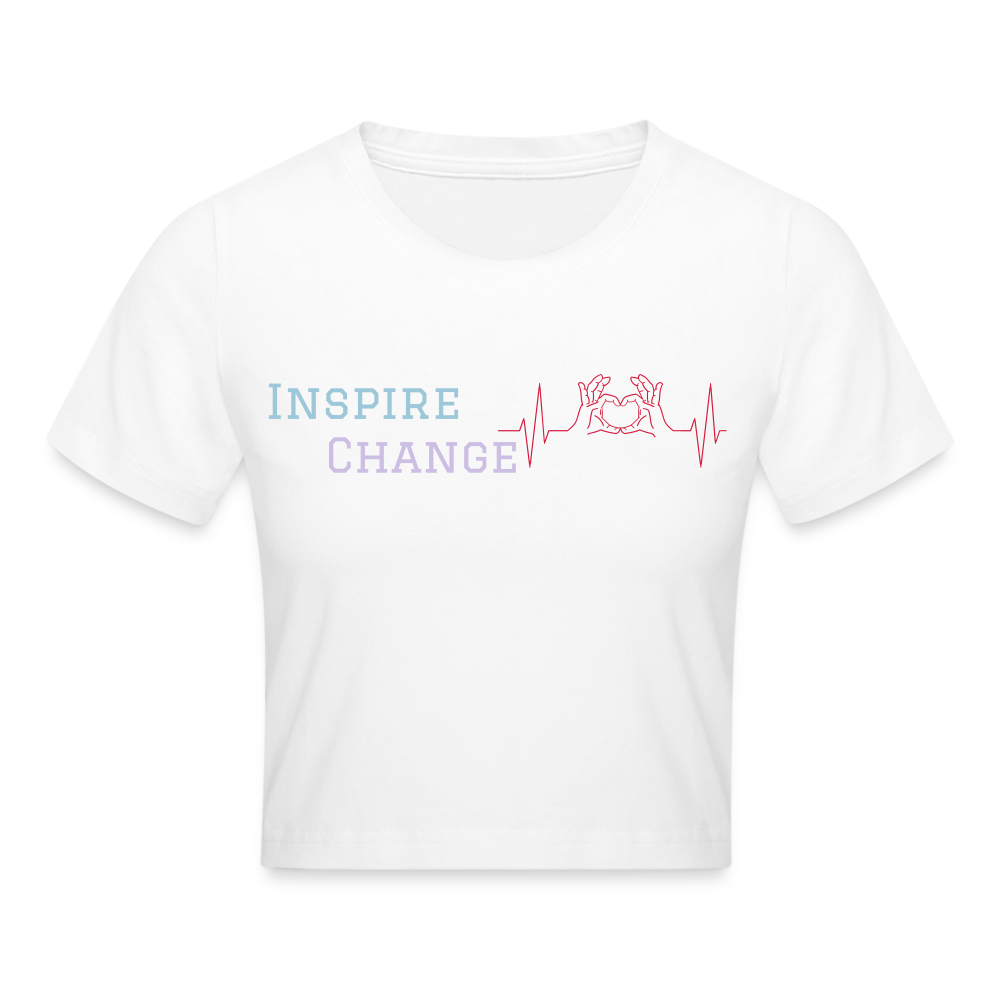 Weißes Cropped T-Shirt mit inspirierendem Slogan „Inspire Change“ und Herz-Puls-Grafik auf der Vorderseite