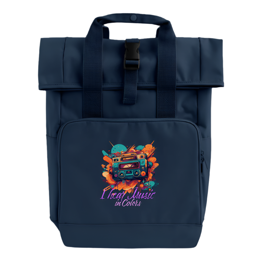 Moderner Rolltop-Rucksack mit Boombox-Print - navy