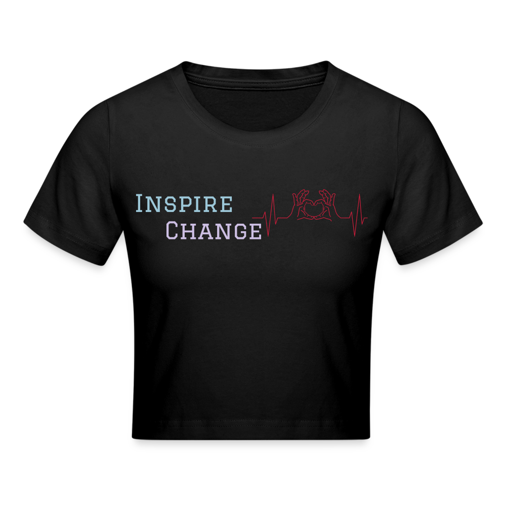 Schwarzes Cropped T-Shirt mit inspirierendem Slogan „Inspire Change“ und Herz-Puls-Grafik auf der Vorderseite