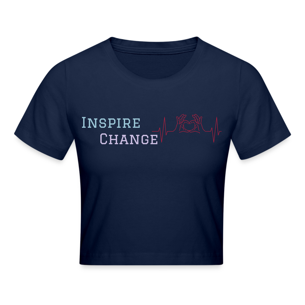 Navy Cropped T-Shirt mit inspirierendem Slogan „Inspire Change“ und Herz-Puls-Grafik auf der Vorderseite