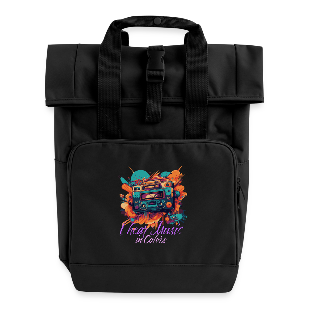 Moderner Rolltop-Rucksack mit Boombox-Print - black