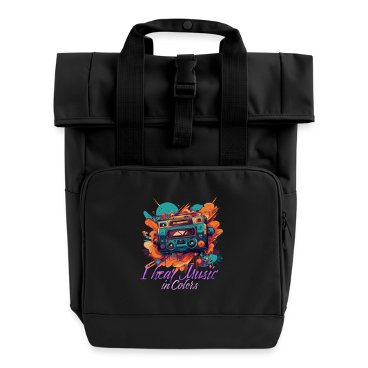 Moderner Rolltop-Rucksack mit Boombox-Print - black