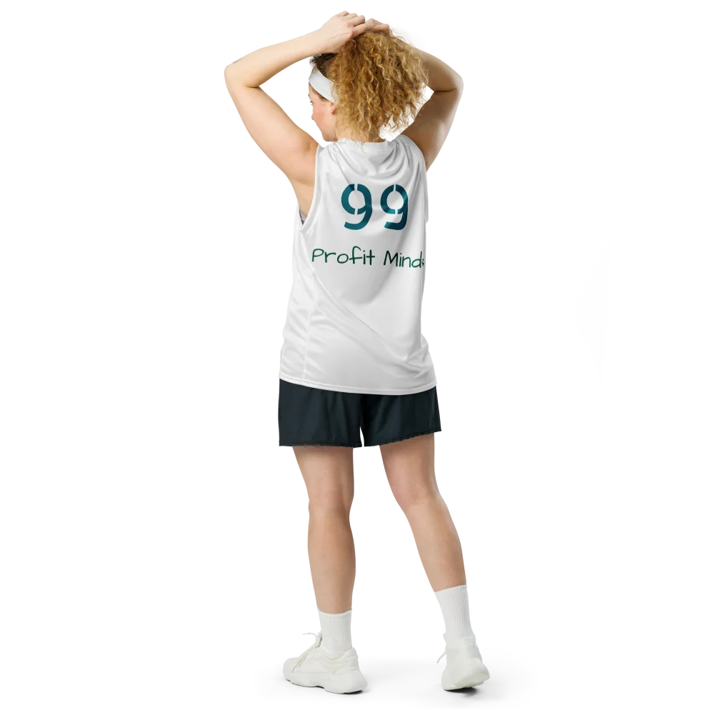 Rückansicht eines Damen Basketball-Trikots mit personalisierter Nummer 99 und Profit Minds Schriftzug, perfekt für Sport und Teamaktivitäten