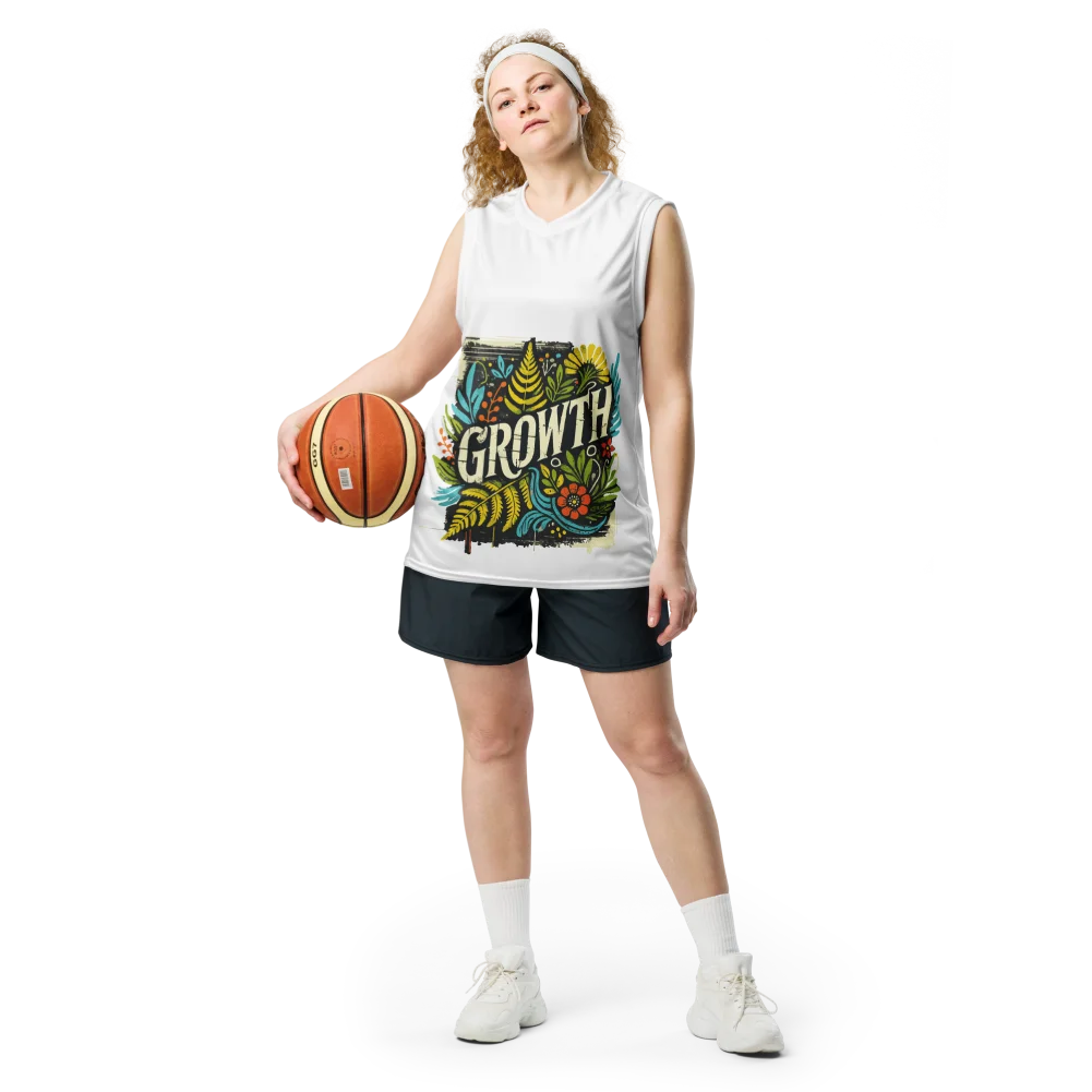 Damen Basketball-Trikot mit GROWTH-Design – ärmelloses, atmungsaktives Sportshirt in Weiß, ideal für Basketball und Fitness