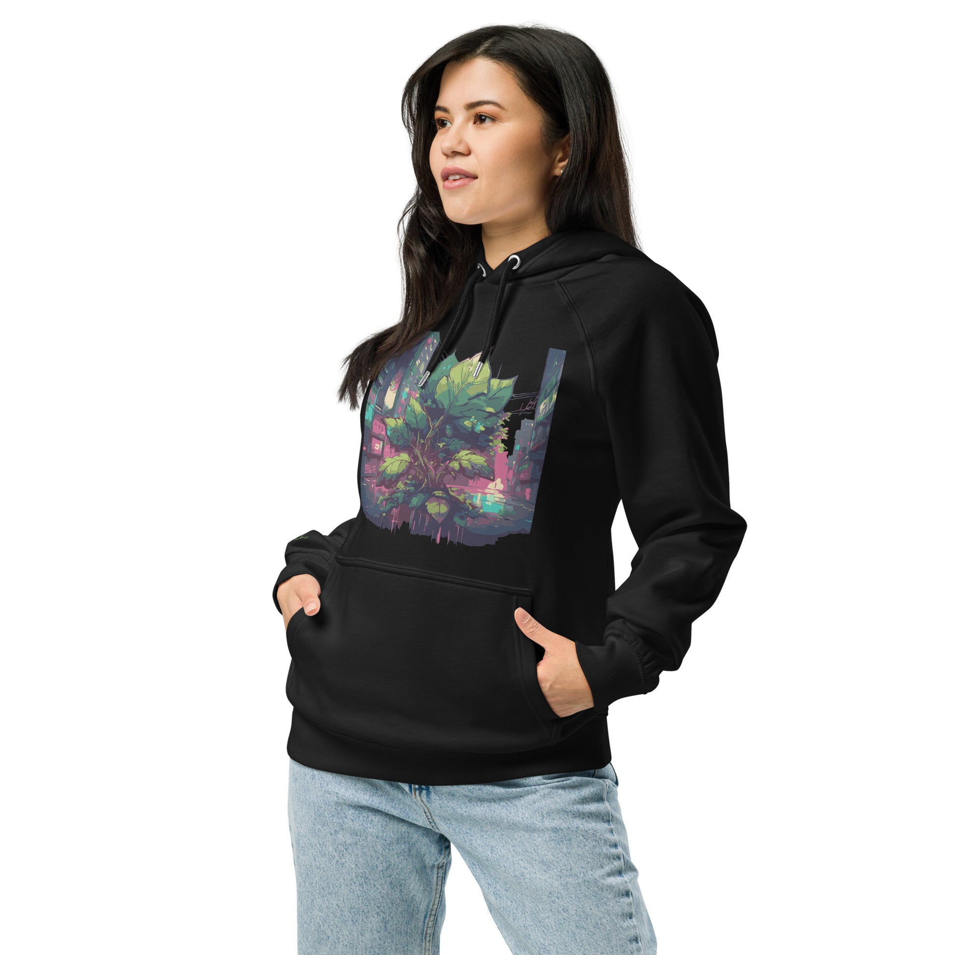 Entdecke den Unisex Bio Raglan Hoodie in Schwarz, der das eindrucksvolle Design „Urban Roots“ zeigt.