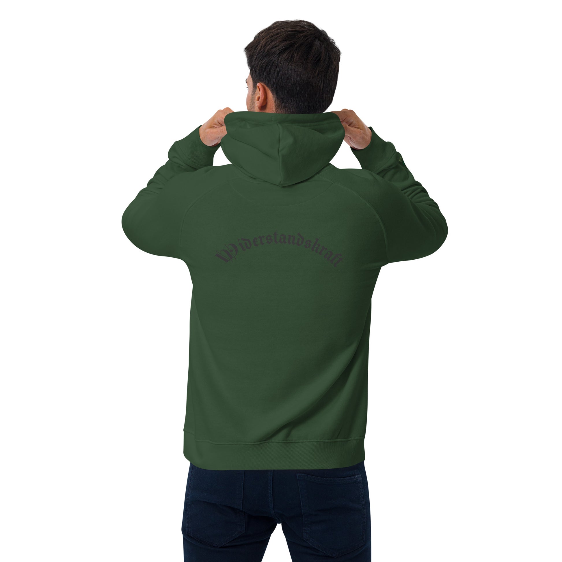 Unisex Bio-Raglan-Hoodie - Urban Roots | Bottle green, von hinten gesehen