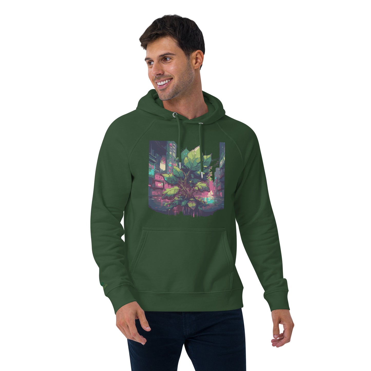 Unisex Bio-Raglan-Hoodie - Urban Roots | Bottle green, von vorne gesehen