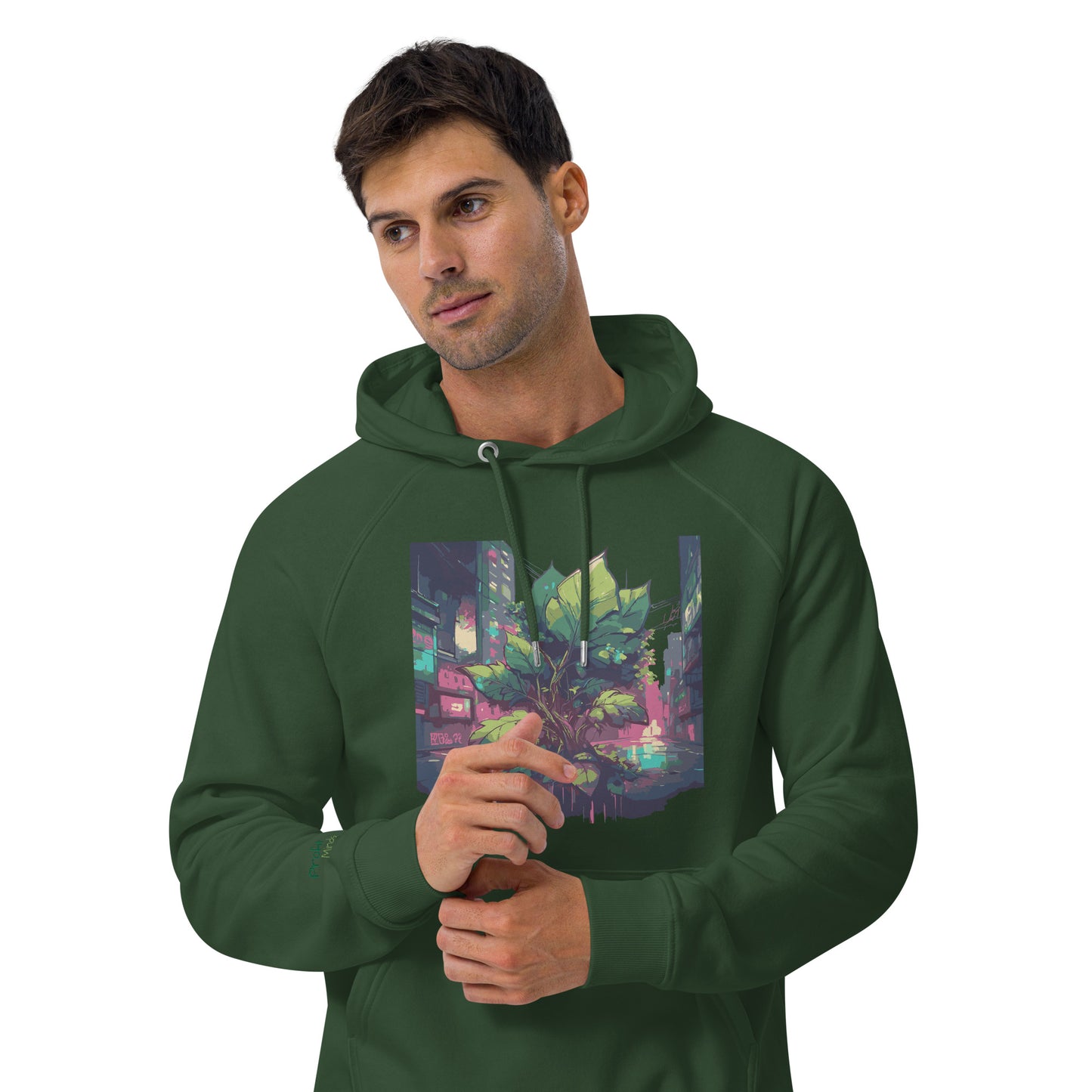 Unisex Bio-Raglan-Hoodie - Urban Roots | Bottle green, von vorne gesehen