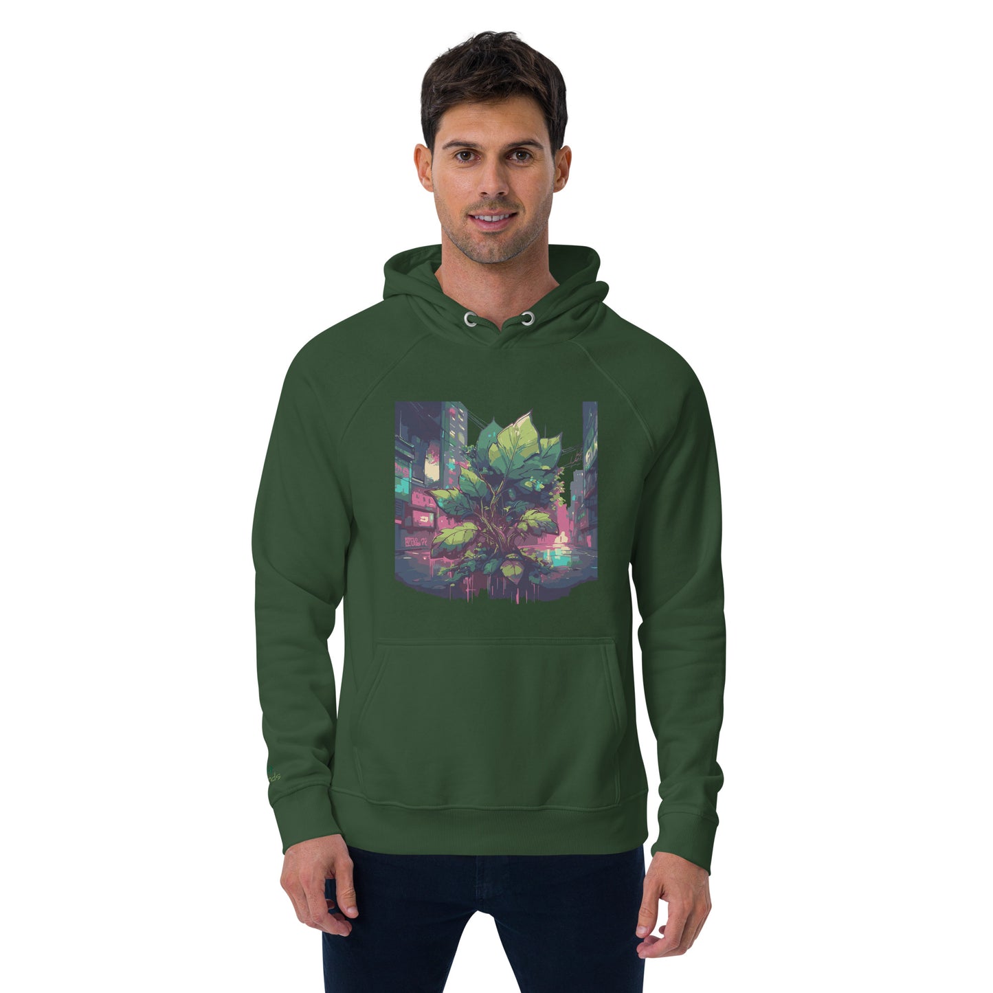 Unisex Bio-Raglan-Hoodie - Urban Roots | Bottle green, von vorne gesehen