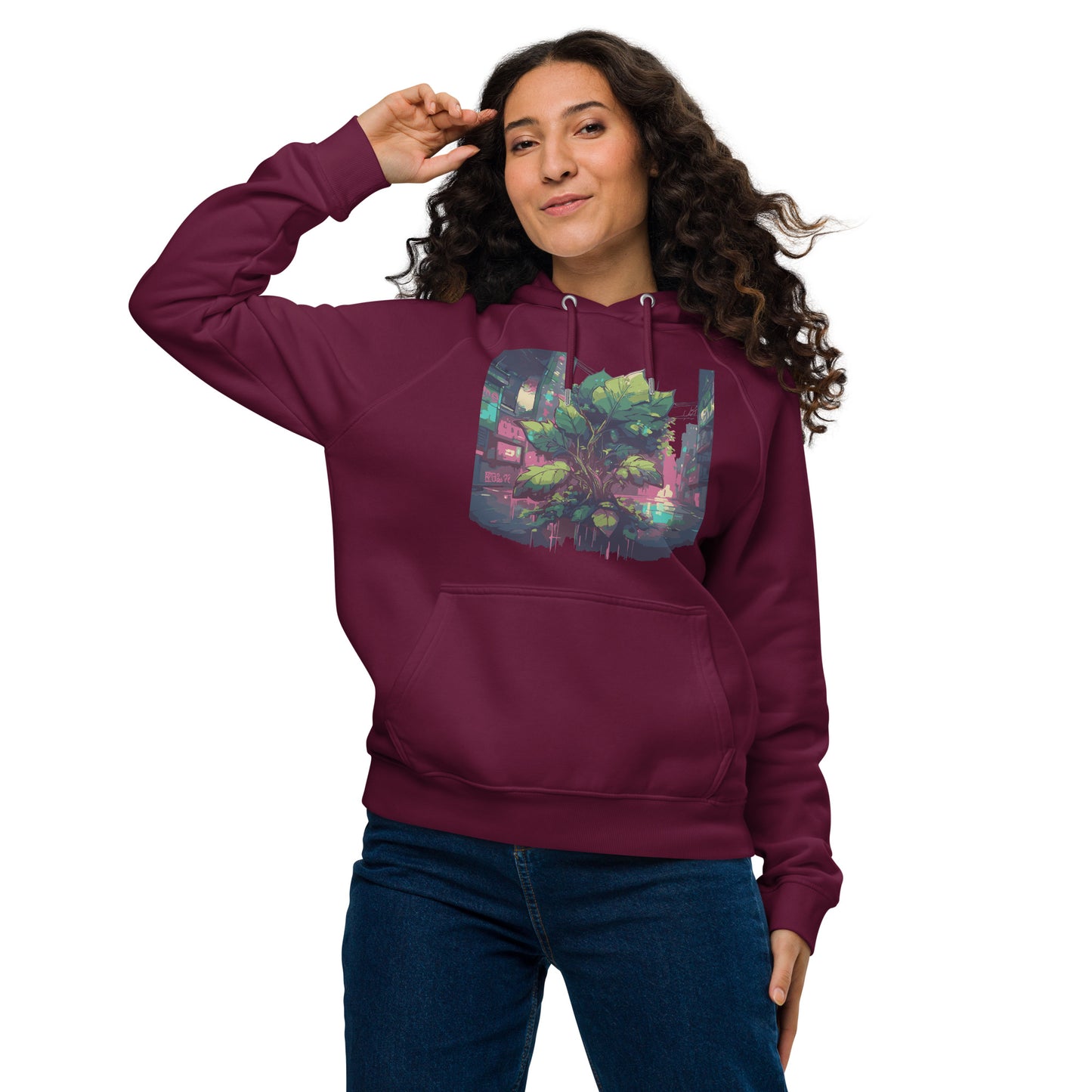 Stilvoll und umweltfreundlich: Der Unisex Bio Raglan Hoodie in Burgundy mit dem „Urban Roots“-Design