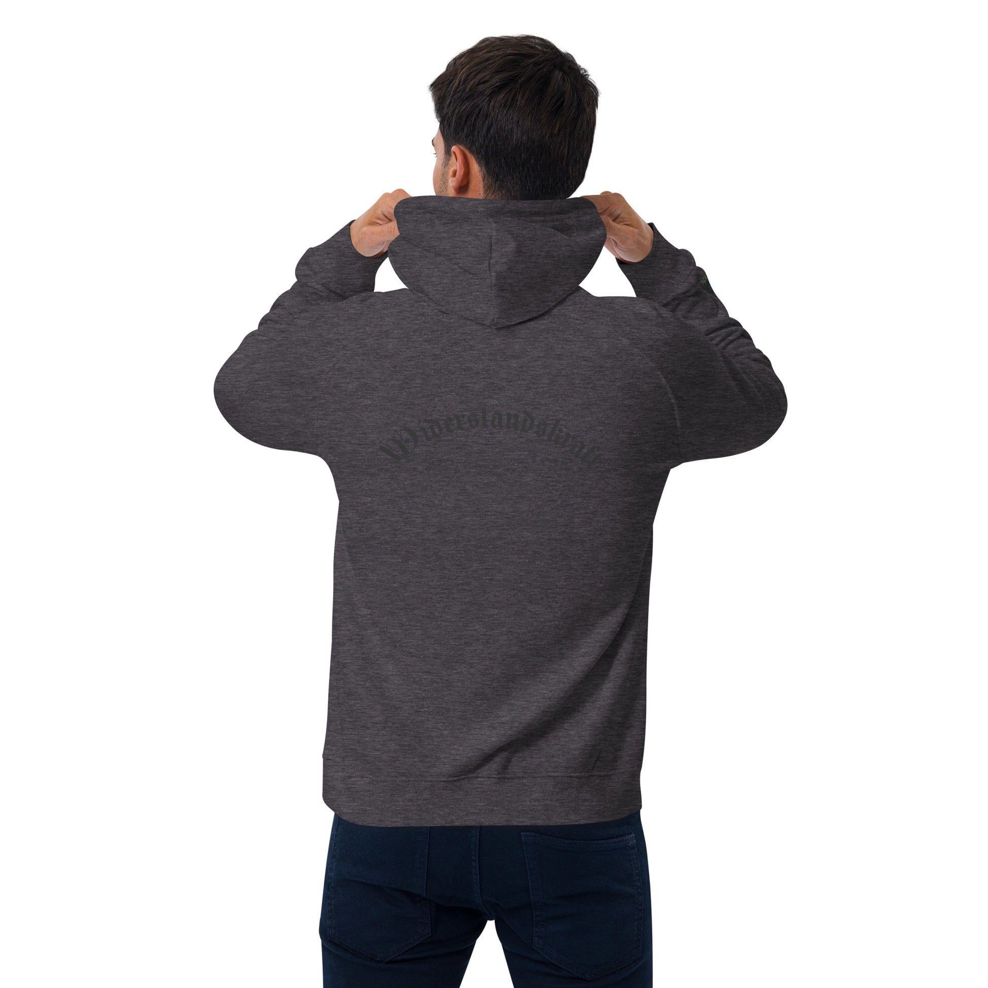 Unisex Bio-Raglan-Hoodie - Urban Roots | Charcoal Melange, von hinten gesehen