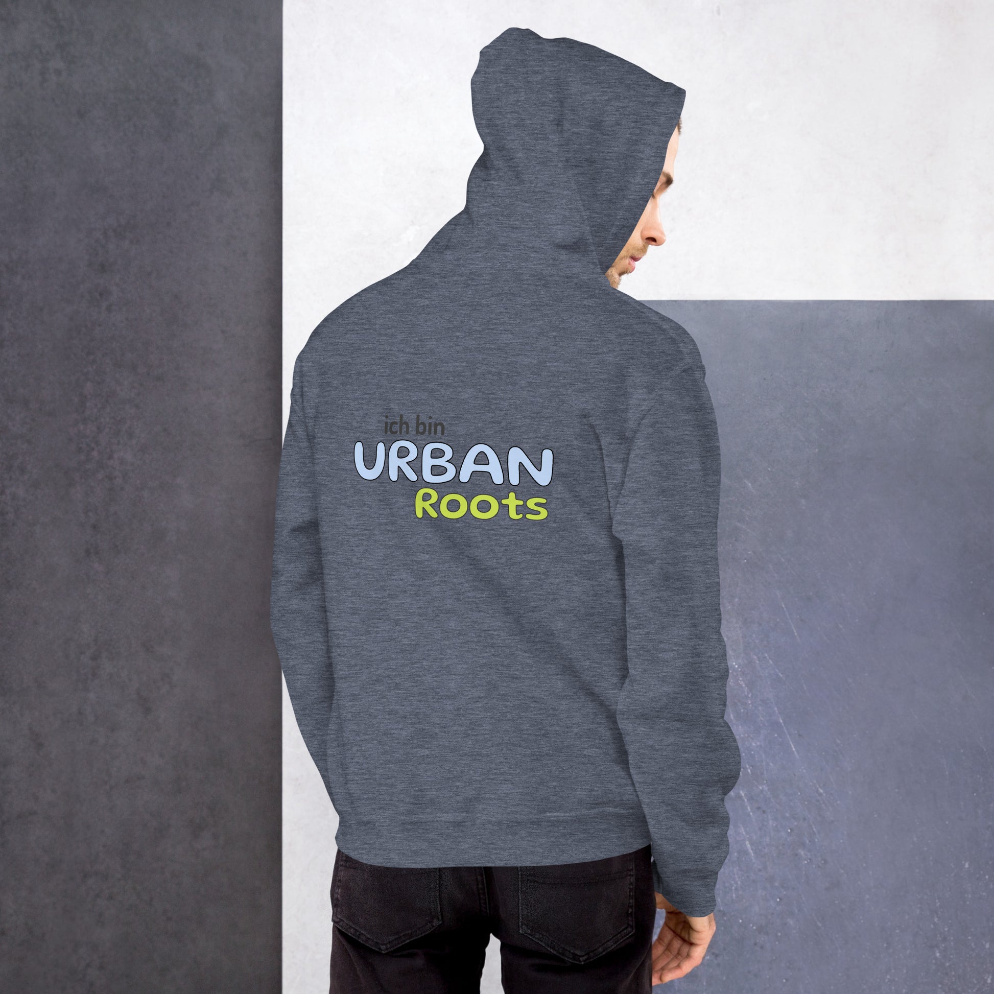 Unisex-Kapuzenpullover - Urban Roots | Farbe Heather Sport Dark Navy, von hinten gesehen