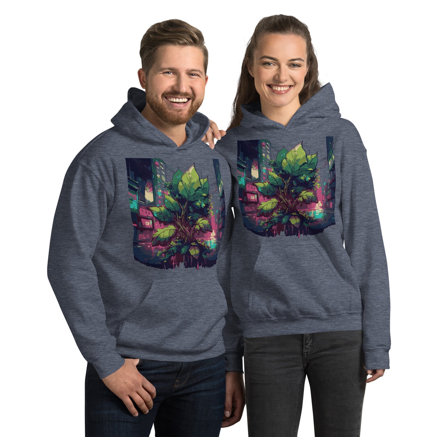 Mann und Frau tragen einen Unisex-Kapuzenpullover mit Urban Roots Design | Heather Sport Dark Navy