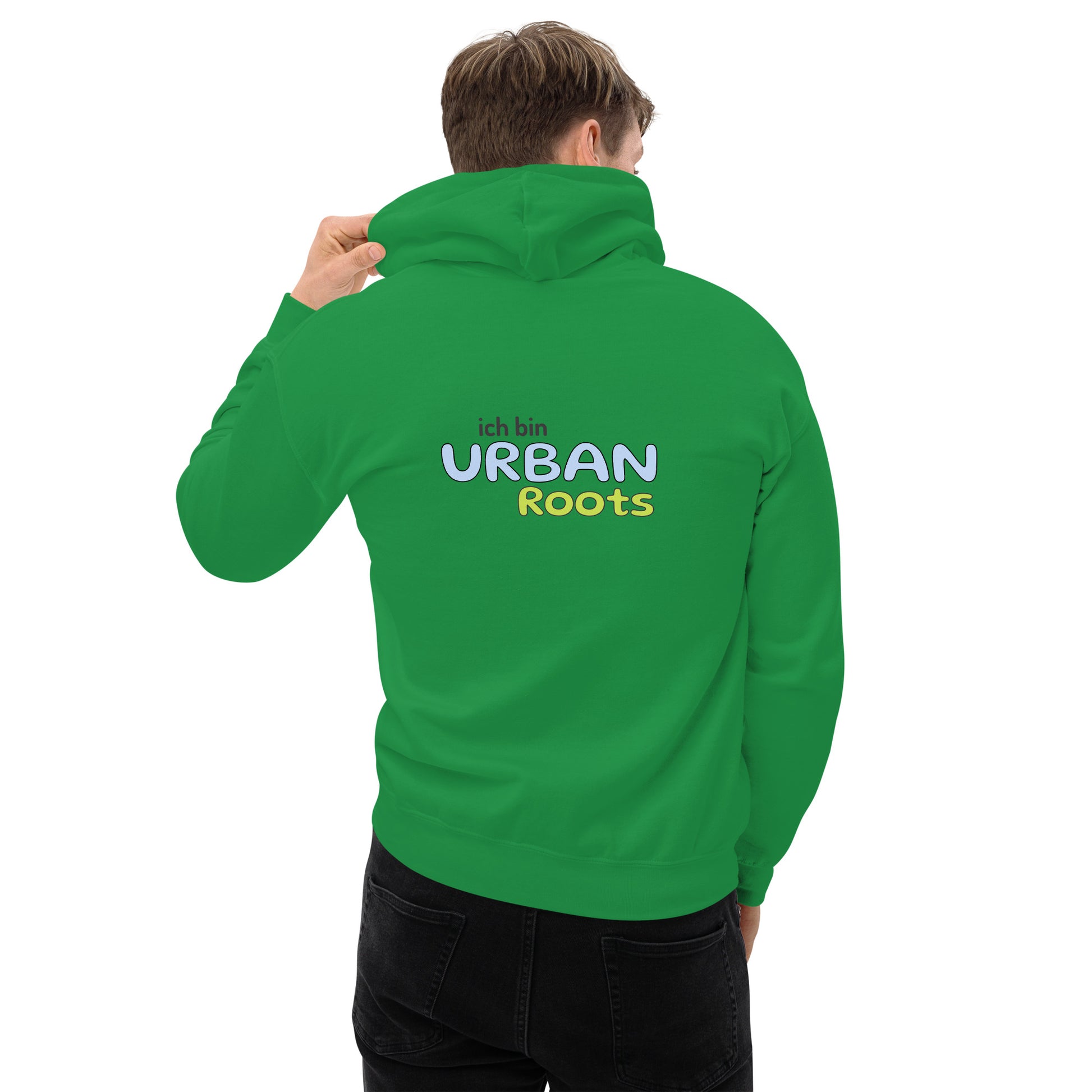 Unisex-Kapuzenpullover - Urban Roots | Farbe Irisches Grün, von hinten gesehen