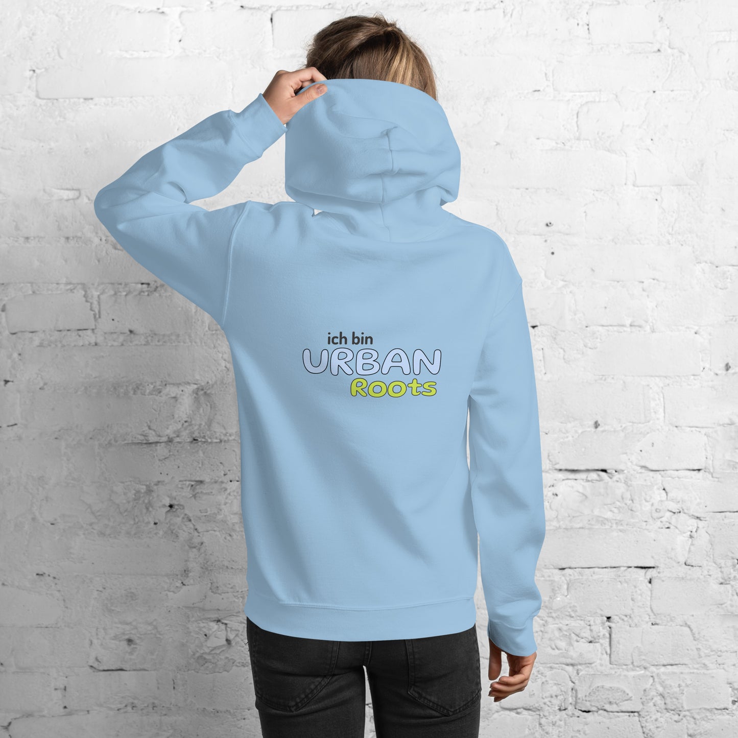 Unisex-Kapuzenpullover - Urban Roots | Farbe Hellblau, von hinten gesehen