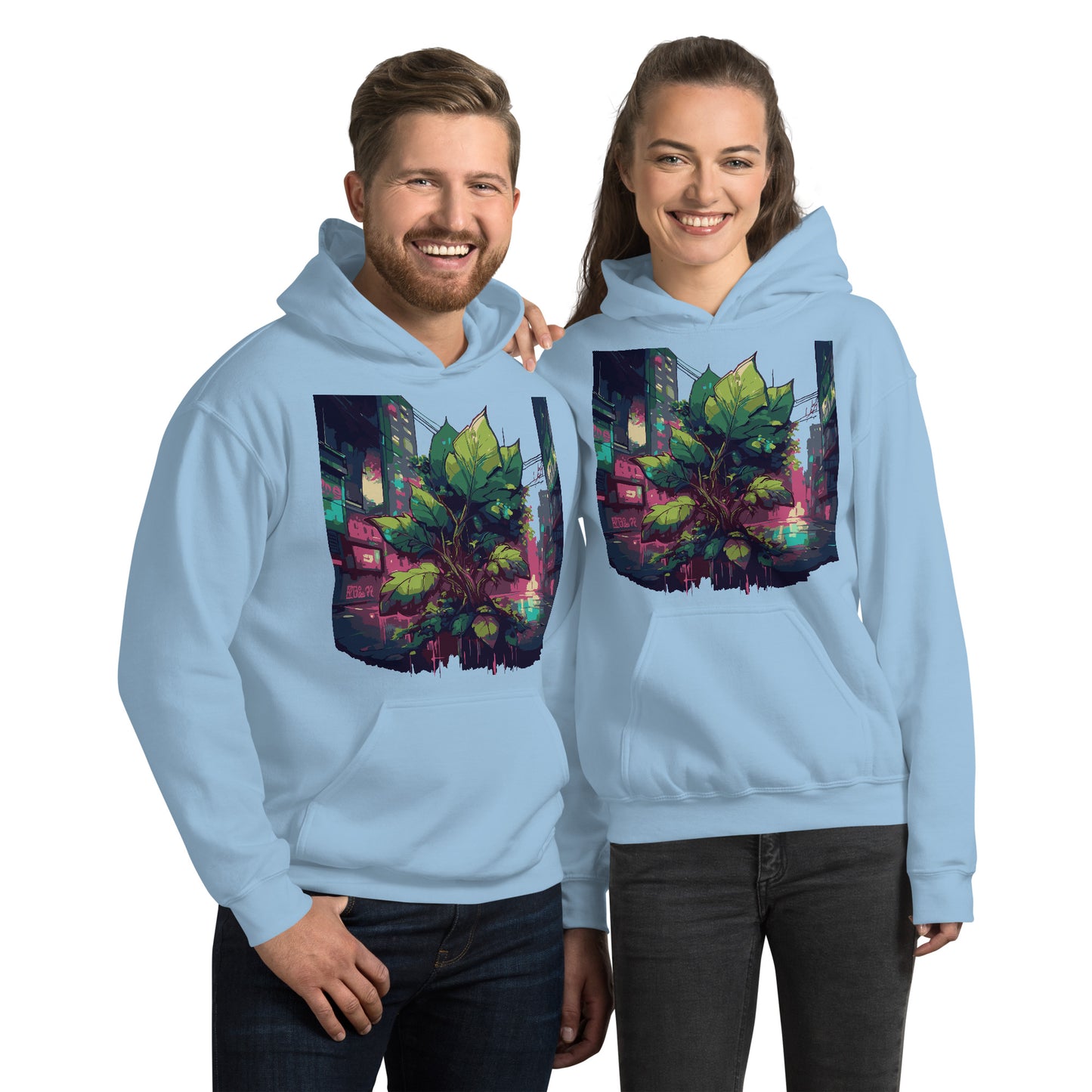 Paar aus Mann und Frau trägt einen Unisex-Kapuzenpullover mit Urban Roots Design | Farbe Hellblau