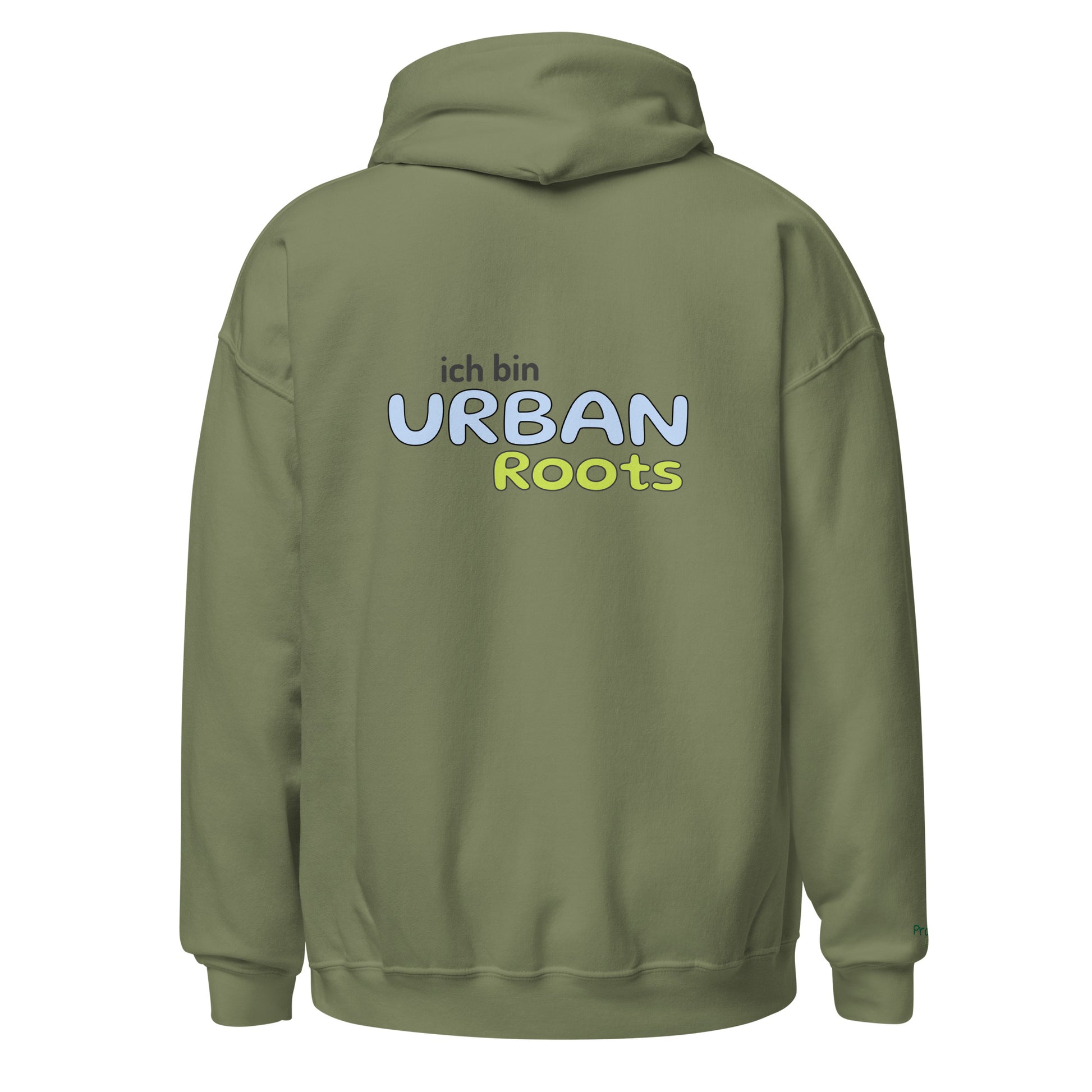 Unisex-Kapuzenpullover - Urban Roots | Farbe Militärgrün, von hinten gesehen