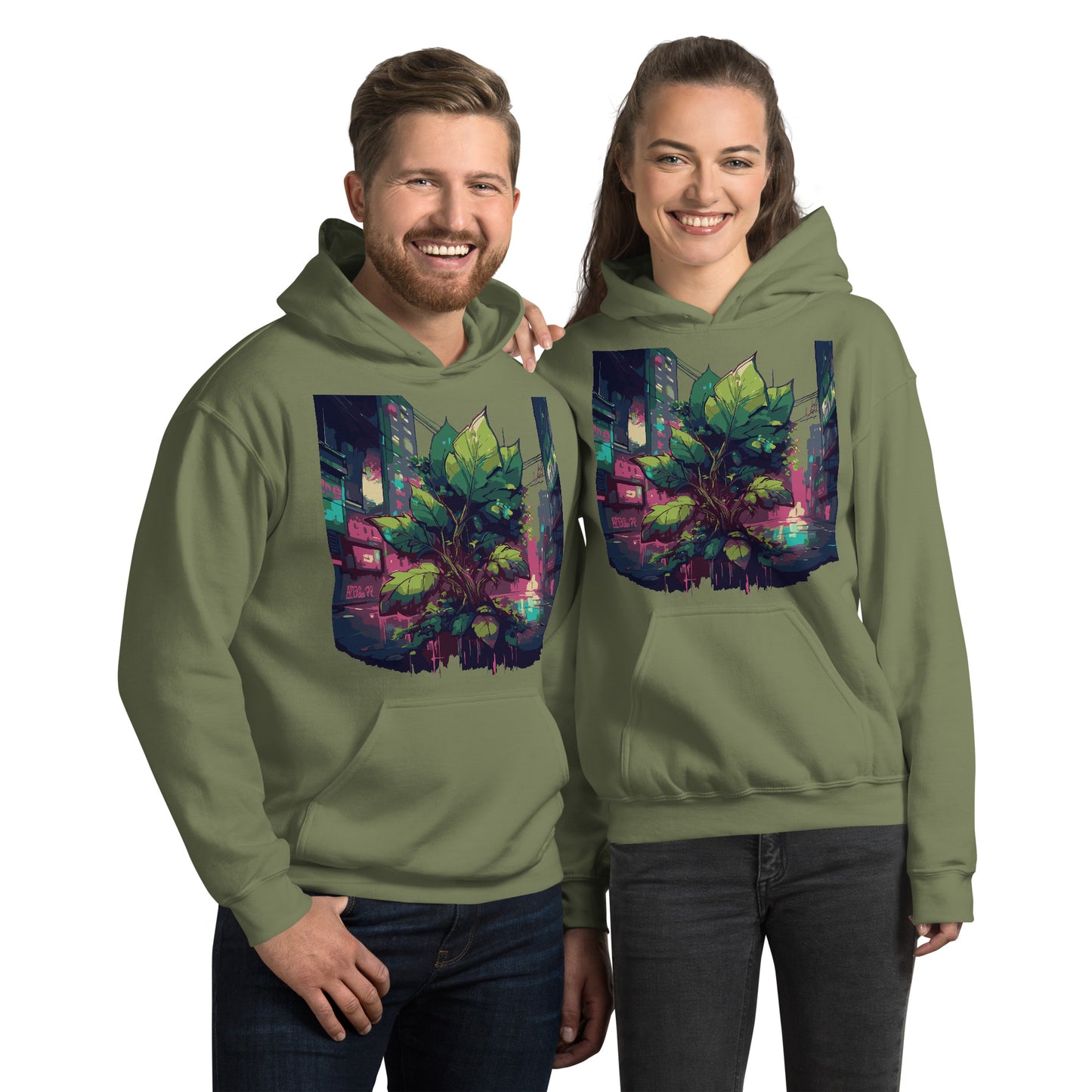 Paar aus Mann und Frau trägt einen Unisex-Kapuzenpullover mit Urban Roots Design | Farbe Militärgrün