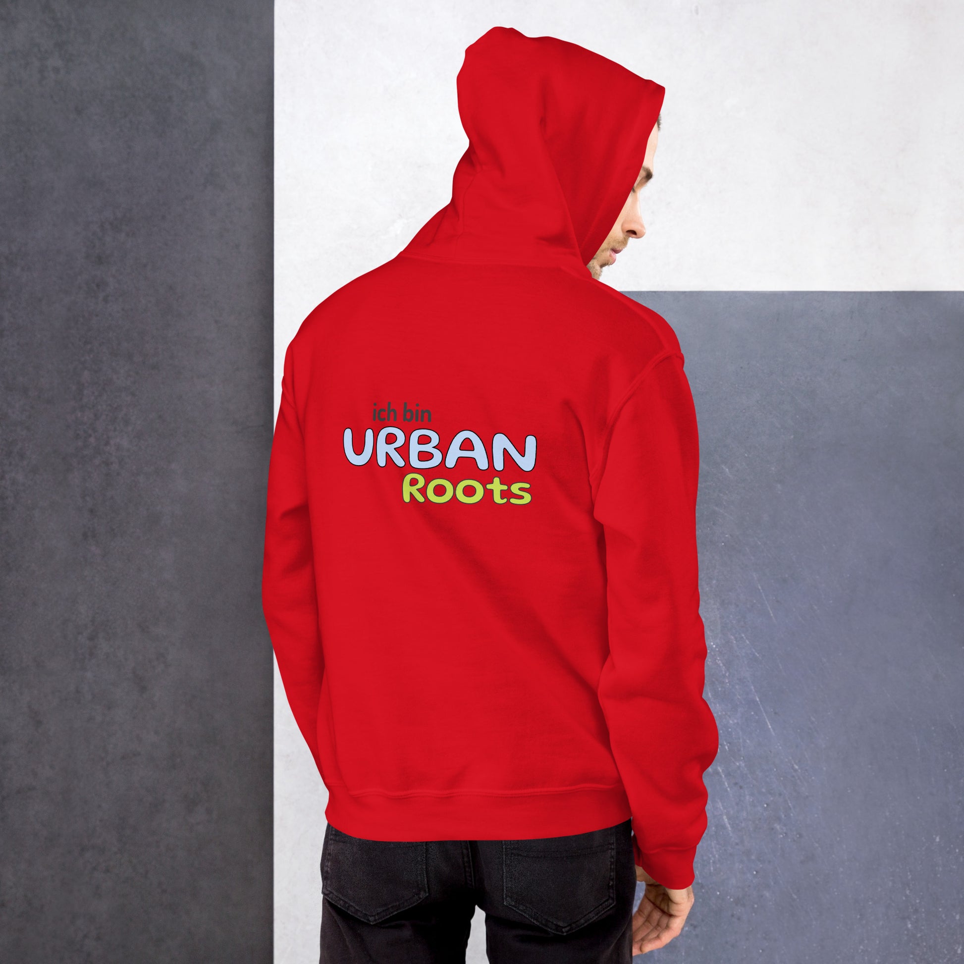 Unisex-Kapuzenpullover - Urban Roots | Farbe Rot, von hinten gesehen