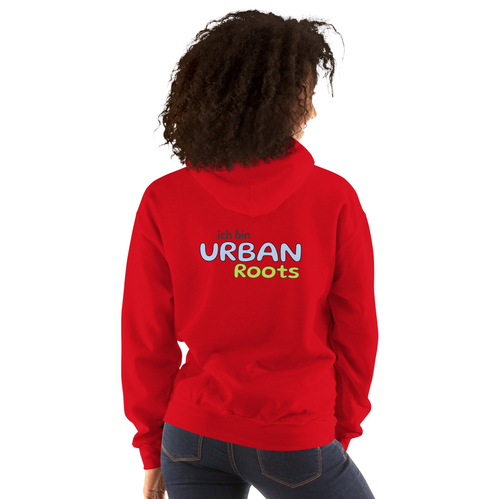 Unisex-Kapuzenpullover - Urban Roots | Farbe Rot, von hinten gesehen