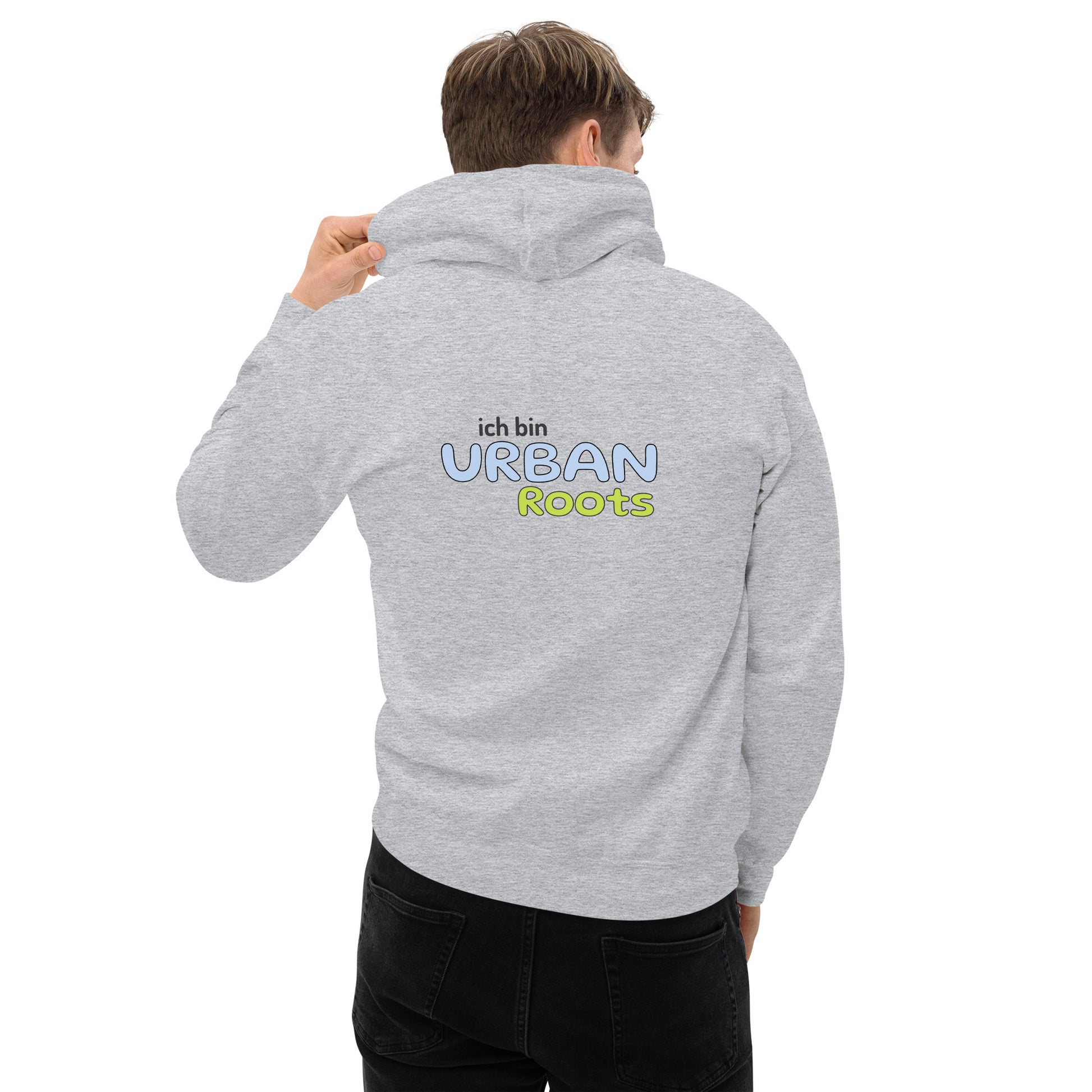 Unisex-Kapuzenpullover - Urban Roots | Farbe Sportgrau, von hinten gesehen