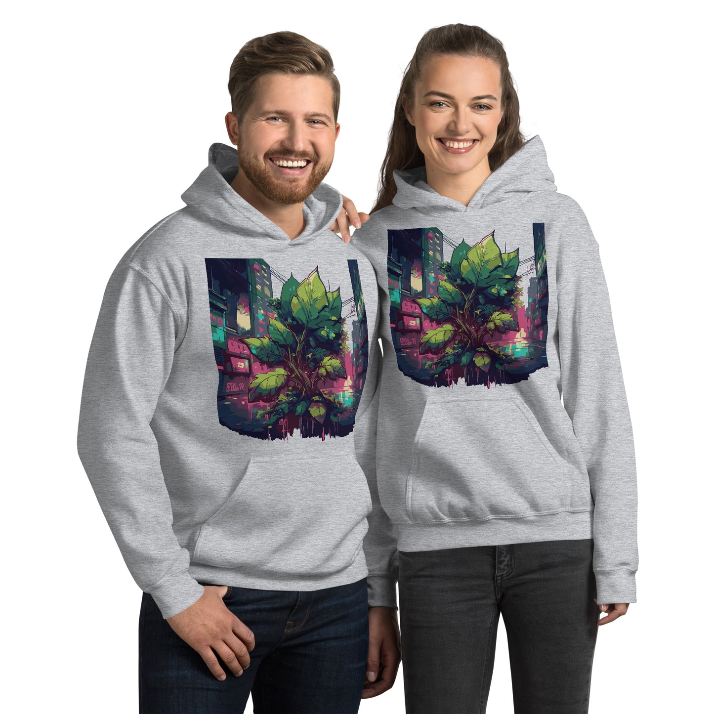 Paar aus Mann und Frau trägt einen Unisex-Kapuzenpullover mit Urban Roots Design | Farbe Sportgrau