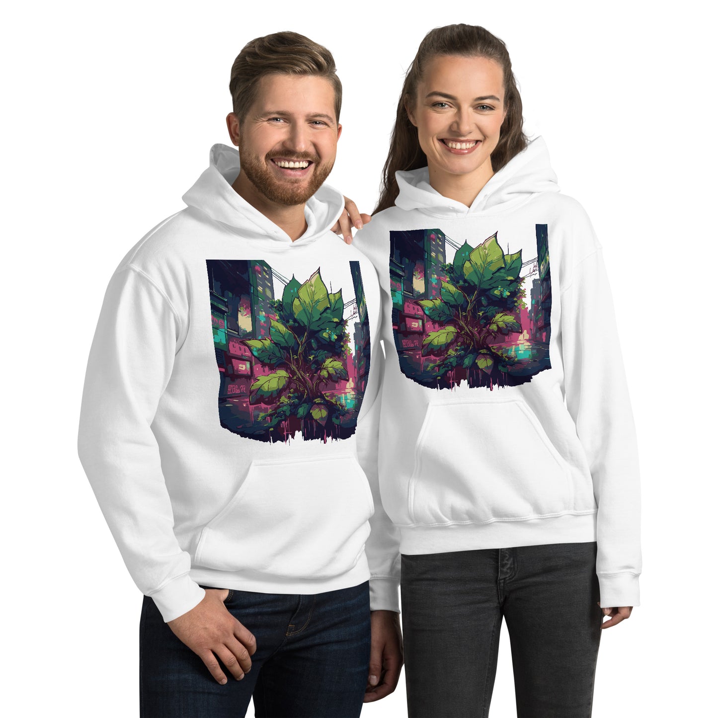 Paar aus Mann und Frau trägt einen Unisex-Kapuzenpullover mit Urban Roots Design | Farbe Weiß