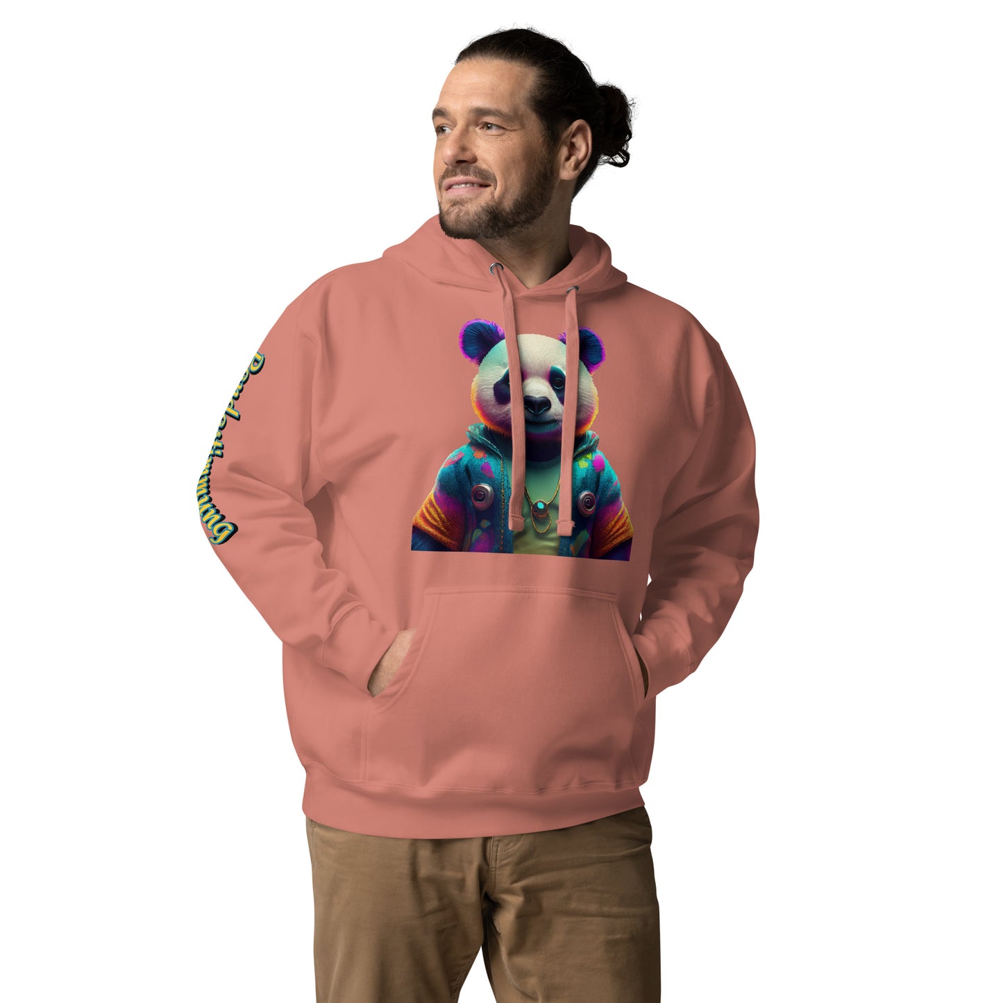 Unisex-Hoodie in Rosa mit lebendigem Panda-Design, Kängurutasche und Kapuze – perfekt für Streetwear-Liebhaber.