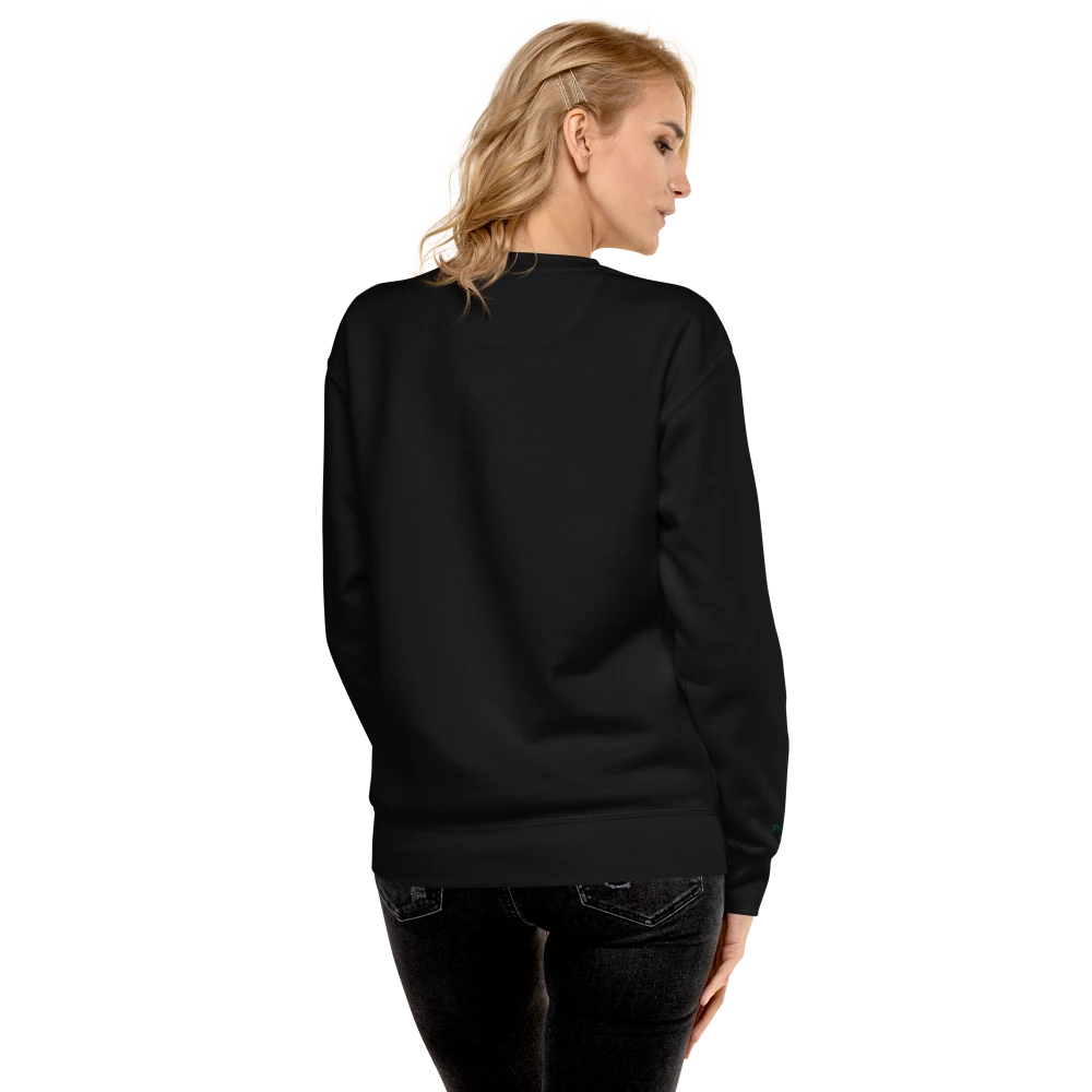 Model trägt schwarzen Premium-Unisex-Pullover mit Power of Mind-Design, Rückansicht – klassischer Sweatshirt für Damen und Herren, bequem und stilvoll