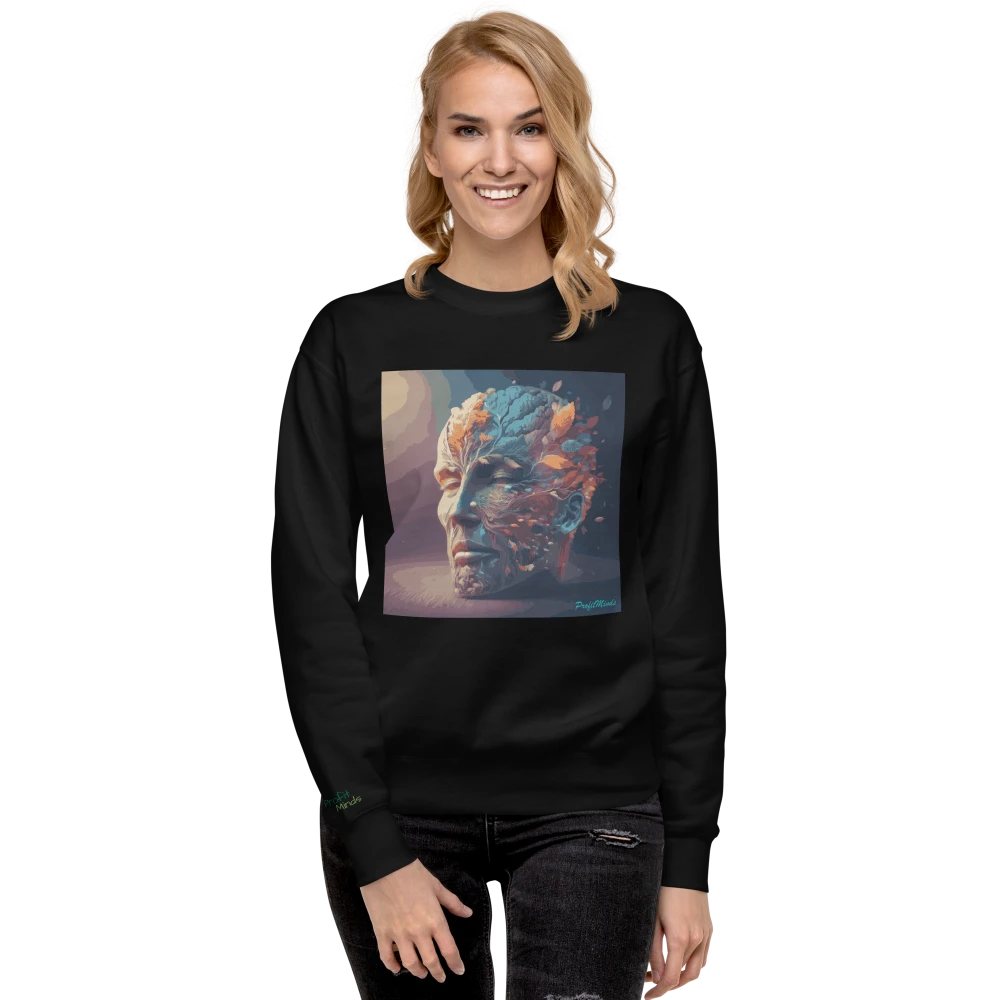 Model trägt schwarzen Premium-Unisex-Pullover mit Power of Mind-Design, Vorderansicht – stilvoller Sweatshirt für Damen und Herren, modernes Streetwear-Design