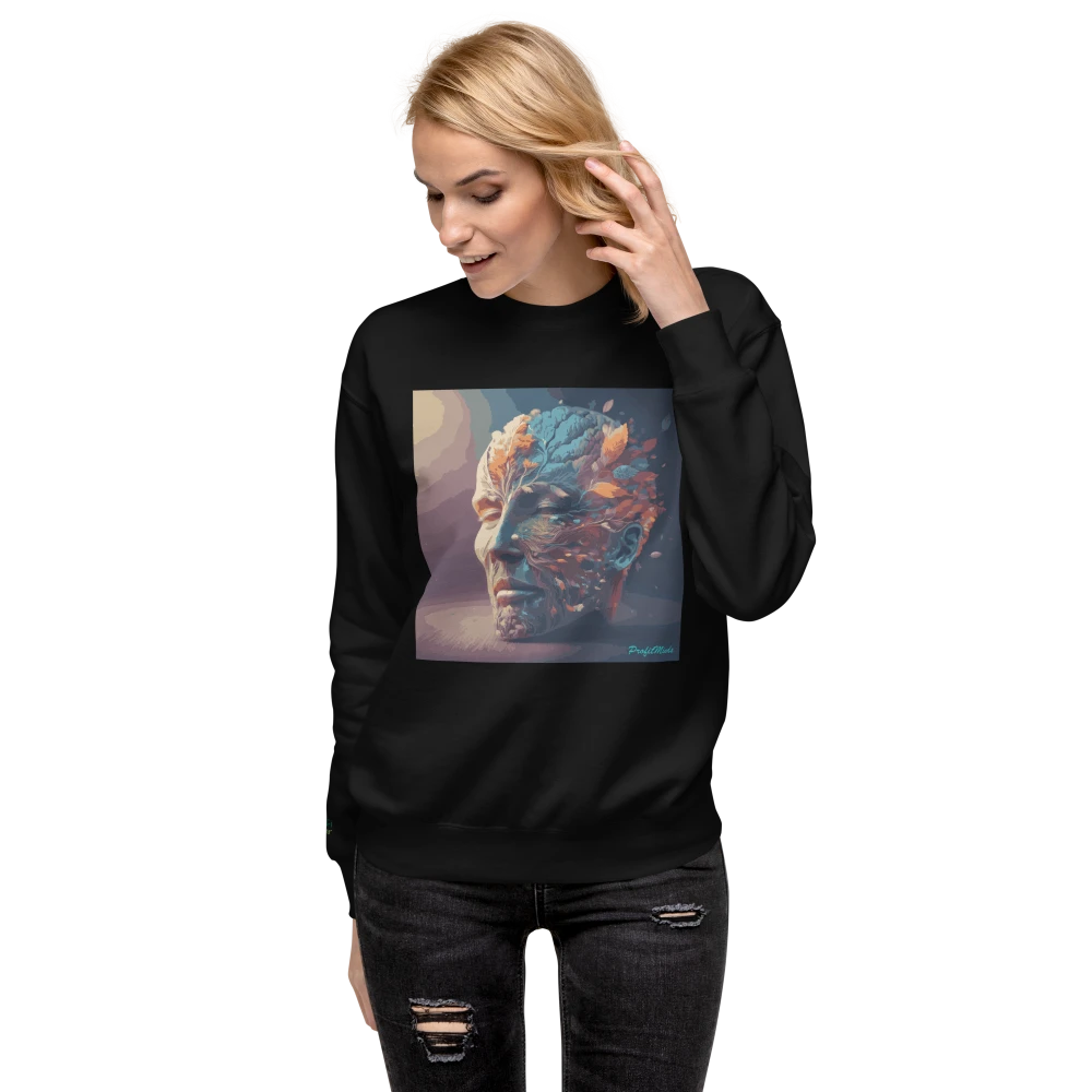 Frau trägt schwarzen Premium-Unisex-Pullover mit Power of Mind-Design – bequemer Hoodie für Damen und Herren, modernes Streetwear-Design