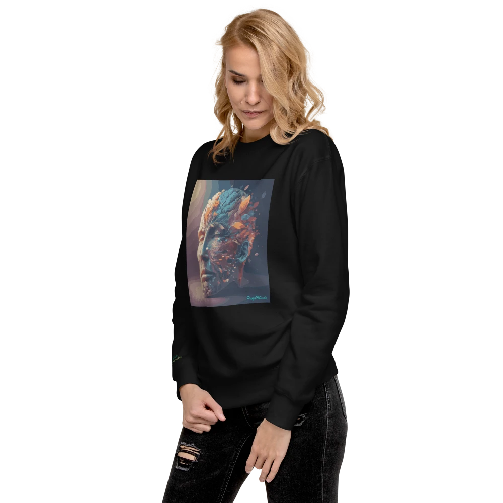 Glückliches weibliches Model trägt schwarzen Premium-Unisex-Pullover mit Power of Mind-Design – bequemer Hoodie für Damen und Herren, modernes Streetwear-Statement