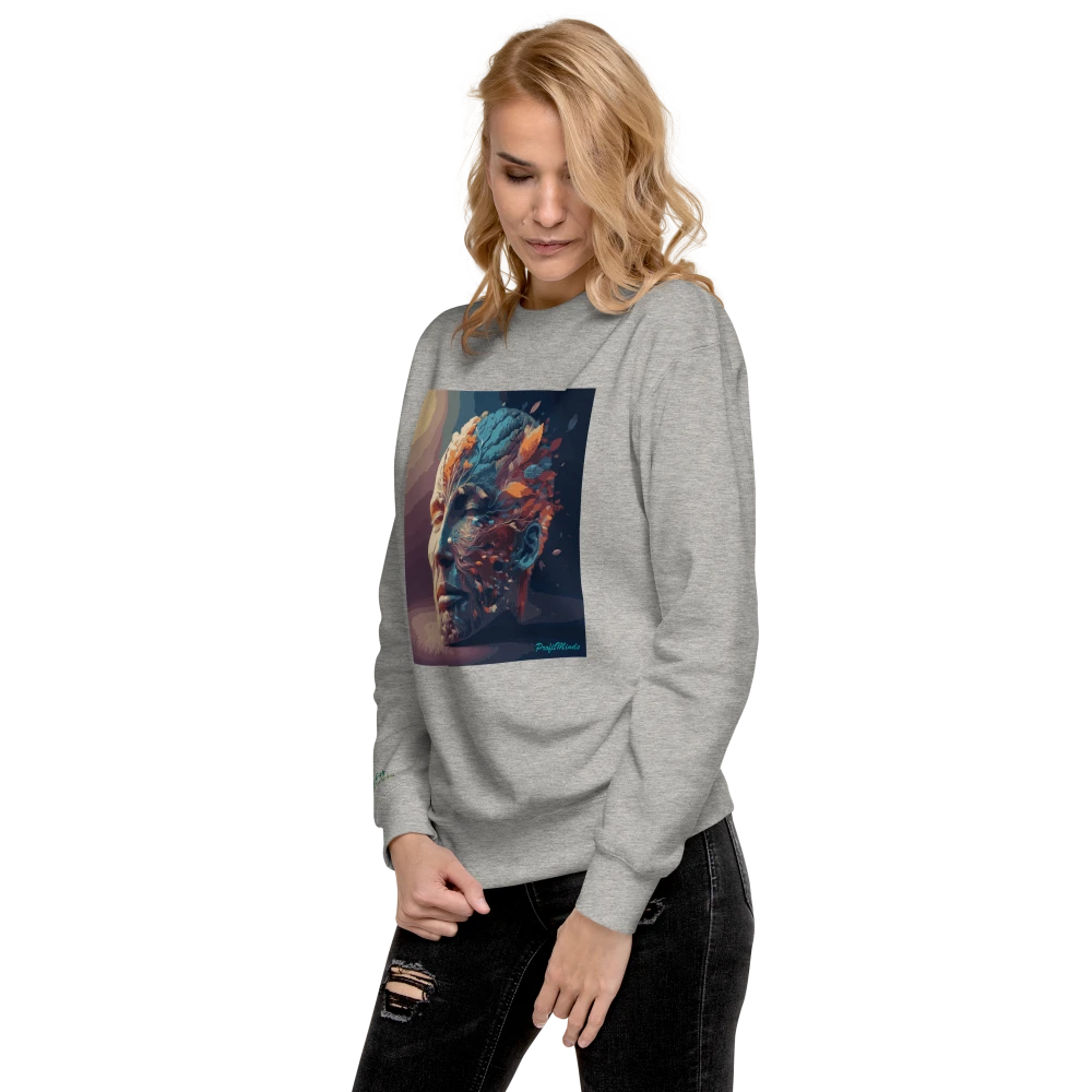 Weibliches Model trägt glücklich einen Power of Mind Premium-Unisex-Pullover. Carbon Grey