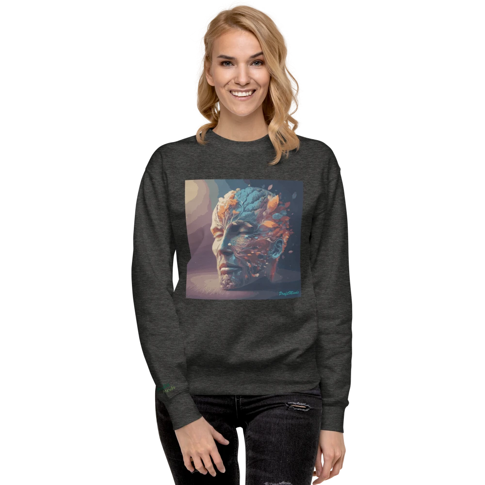 Model trägt einen Premium-Unisex-Pullover in Charcoal Heather mit Power of Mind-Design, von vorne gesehen – stylisch und bequem für jeden Anlass