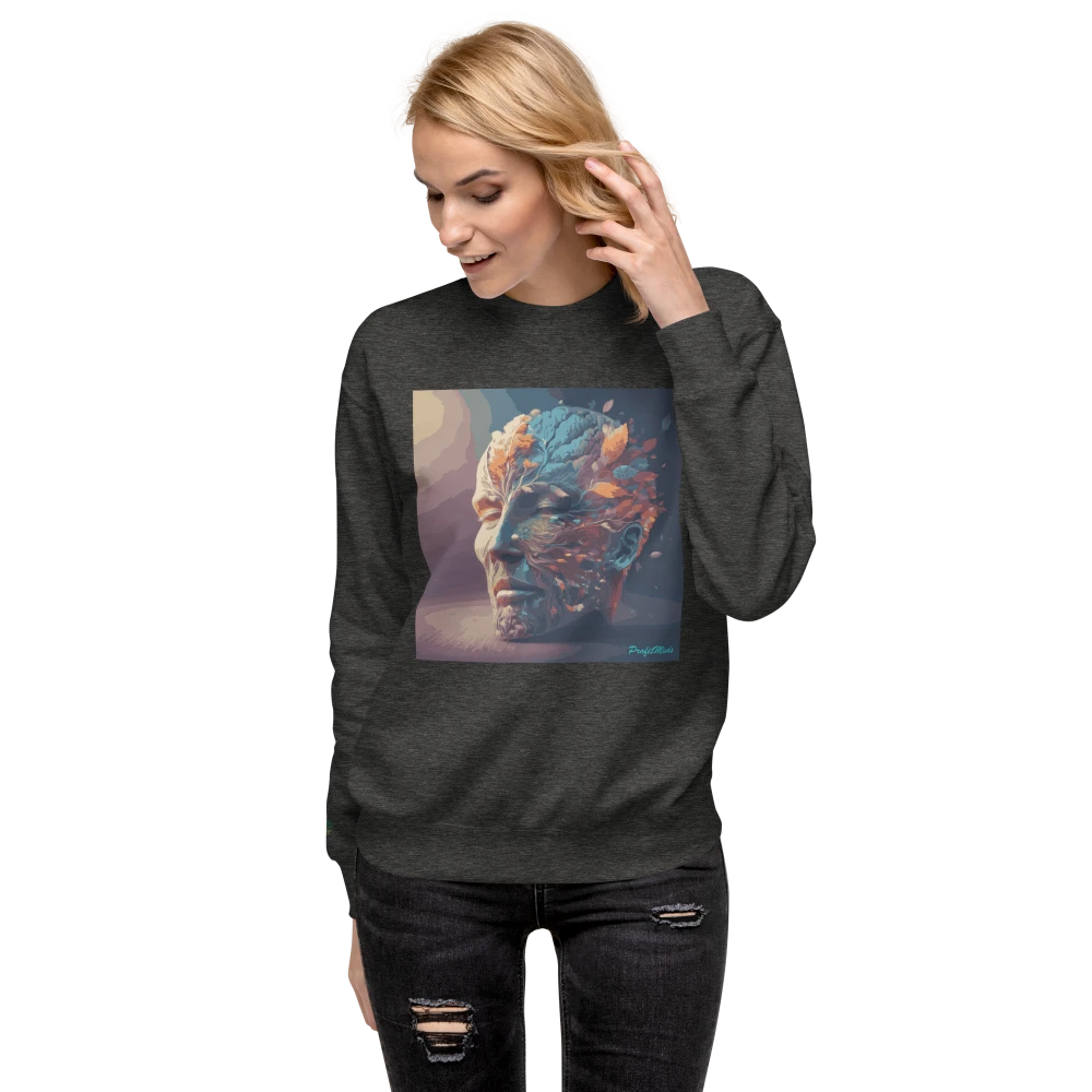 Model trägt einen Premium-Unisex-Pullover in Charcoal Heather mit Power of Mind-Design – stilvolle Kombination aus Komfort und modernem Look