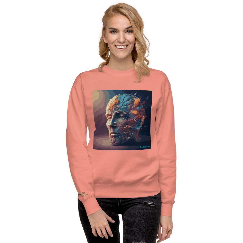 Model trägt einen Premium-Unisex-Pullover, Power of Mind-Design. Dusty Rose, von vorne gesehen