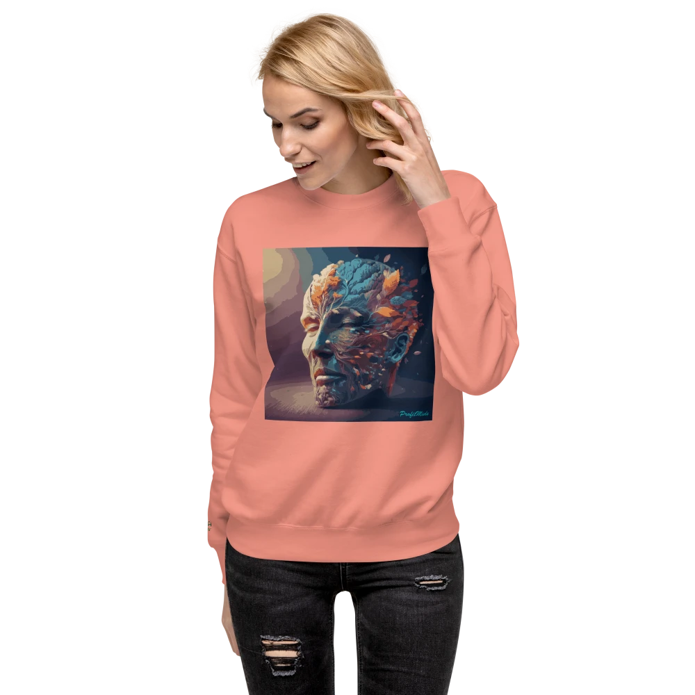 Frau trägt Dusty Rose Premium-Unisex-Pullover mit Power of Mind-Design – bequemer Hoodie für Damen und Herren, modernes Streetwear-Design