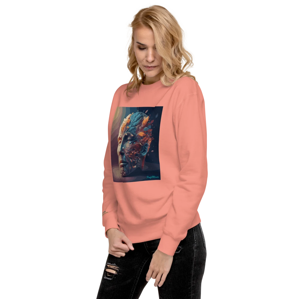 Weibliches Model trägt glücklich einen Power of Mind Premium-Unisex-Pullover. Dusty Rose