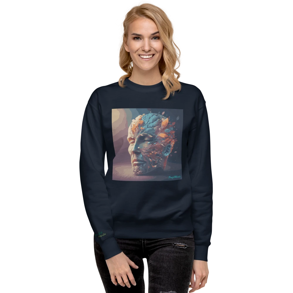 Model trägt einen Premium-Unisex-Pullover in Navy-Blau mit Power of Mind-Design, von vorne gesehen – modernes Design, hochwertige Qualität, perfekt für Damen und Herren