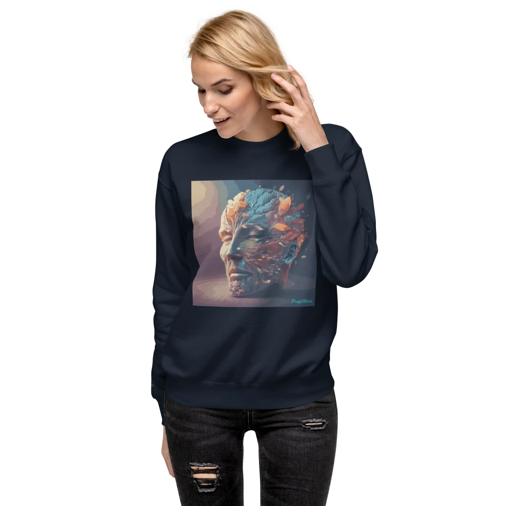 Weibliches Model trägt Premium-Unisex-Pullover in Navy-Blau mit Power of Mind-Design – stilvoller und bequemer Sweatshirt für Damen und Herren, perfekte Passform und modernes Motiv