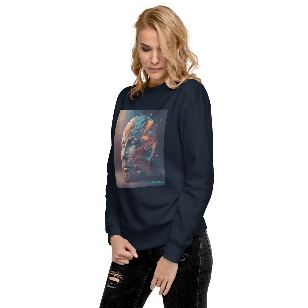 Weibliches Model trägt einen Premium-Unisex-Pullover in Navy-Blau mit Power of Mind-Design – stilvolles und bequemes Statement für Damen und Herren