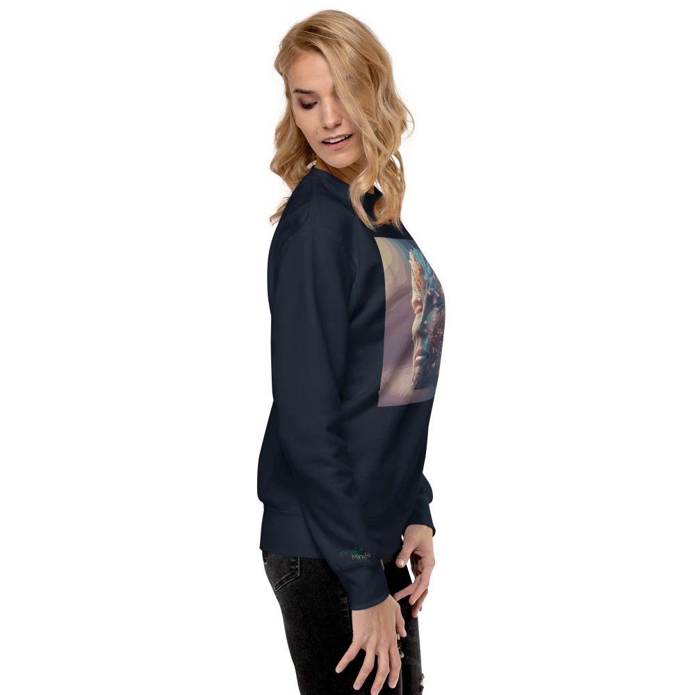 Frau trägt einen Premium-Unisex-Pullover in Navy-Blau mit Power of Mind-Design, seitliche Ansicht von rechts – modernes und bequemes Statement-Piece