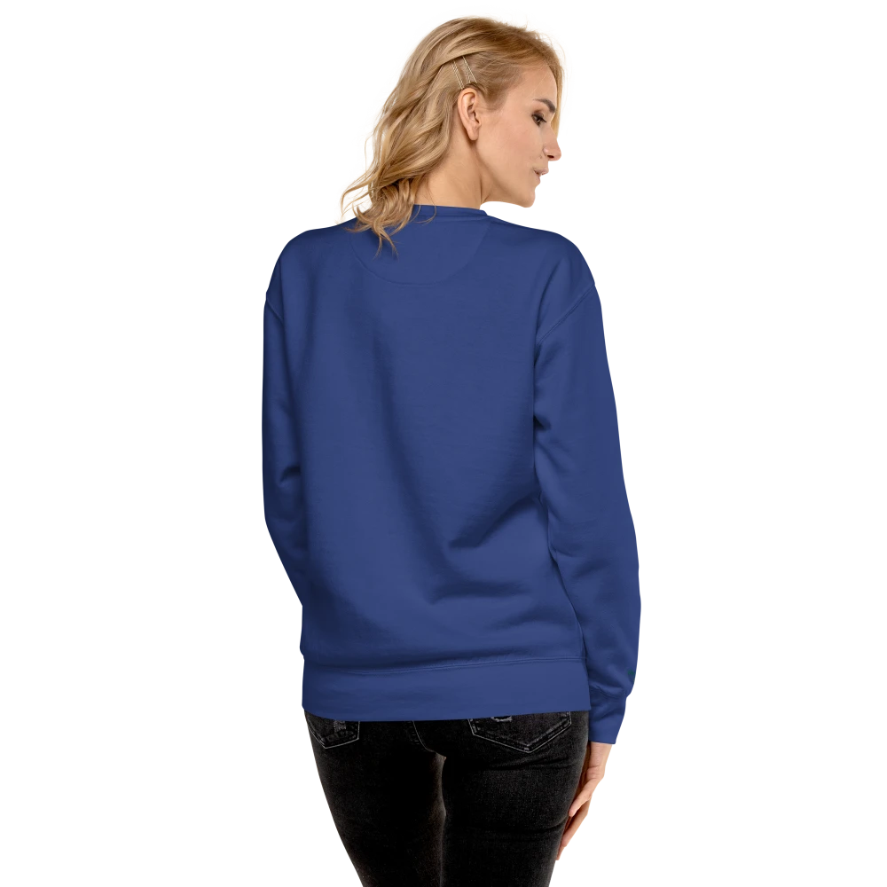 Model trägt Team Royal Premium-Unisex-Pullover mit Power of Mind-Design, Rückansicht – klassischer Sweatshirt für Damen und Herren, bequem und stilvoll