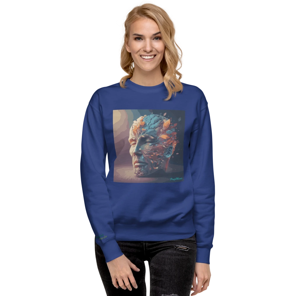 Model trägt einen Premium-Unisex-Pullover, Power of Mind-Design. Team Royal, von vorne gesehen