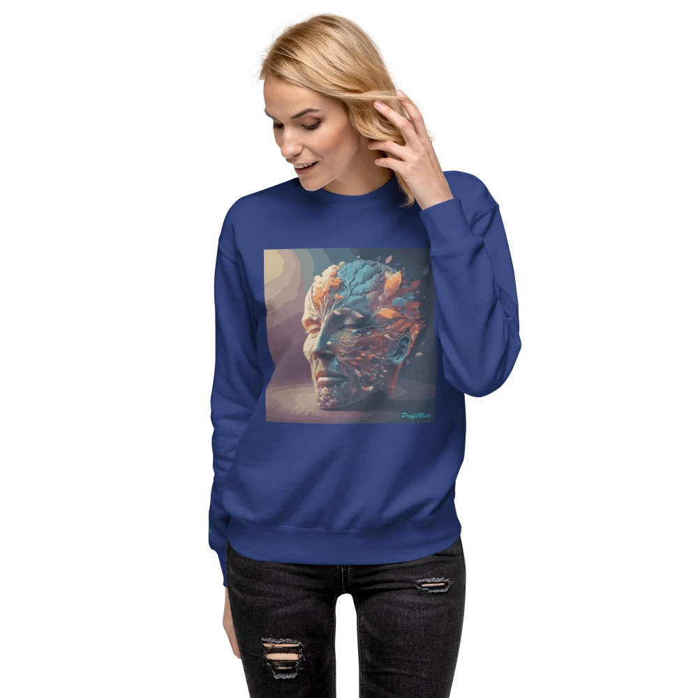 Model trägt einen Premium-Unisex-Pullover mit Power of Mind-Design. Team Royal Farbe