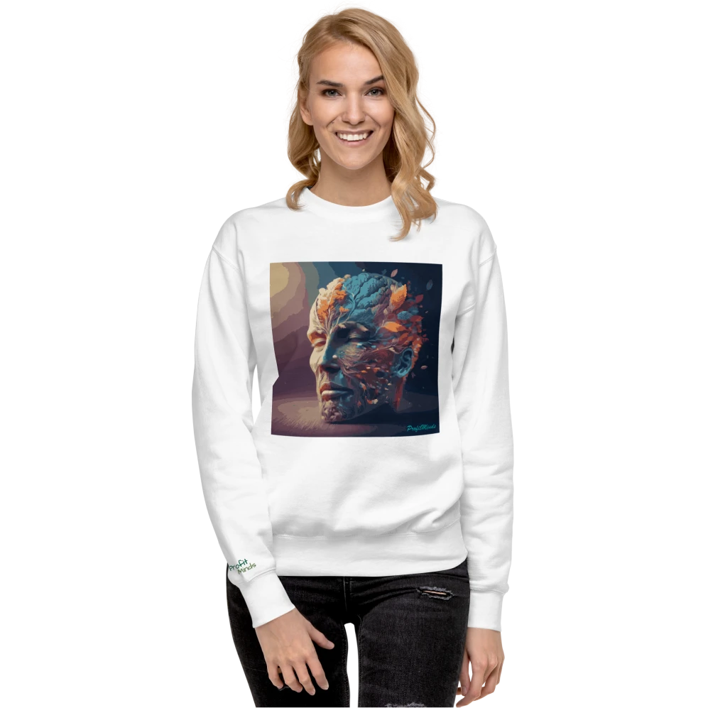 Model trägt einen Premium-Unisex-Pullover, Power of Mind-Design. Weiße Farbe, von vorne gesehen