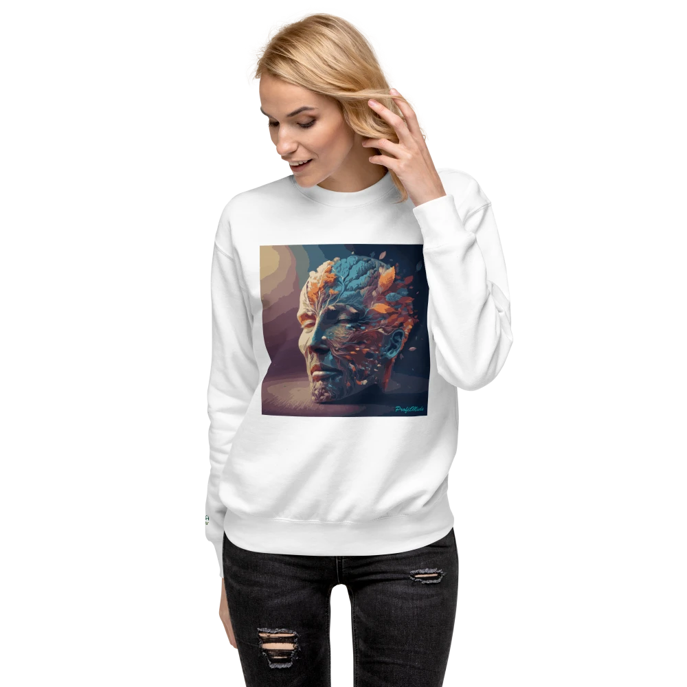 Frau trägt weißen Premium-Unisex-Pullover mit Power of Mind-Design – bequemer Hoodie für Damen und Herren, modernes Streetwear-Design