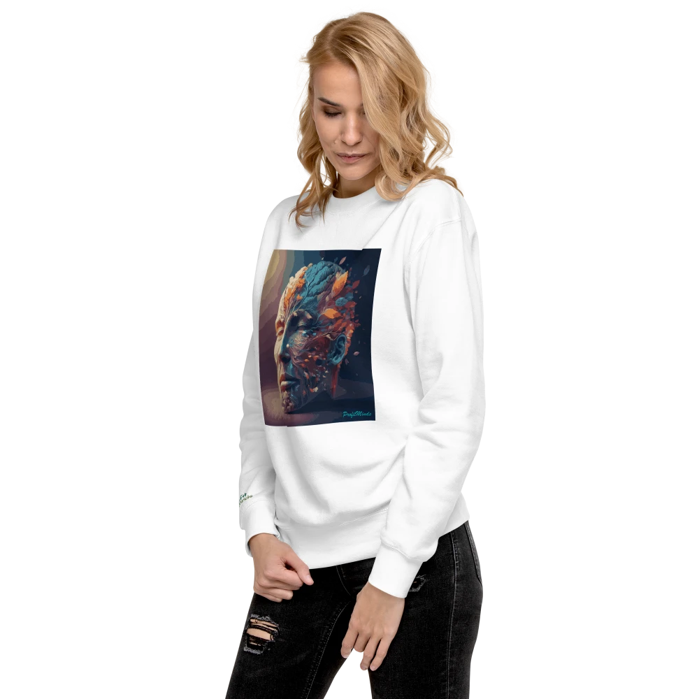 Model trägt weißen Premium-Unisex-Pullover mit Power of Mind-Design, Vorderansicht – stilvoller Sweatshirt für Damen und Herren, modernes Streetwear-Design