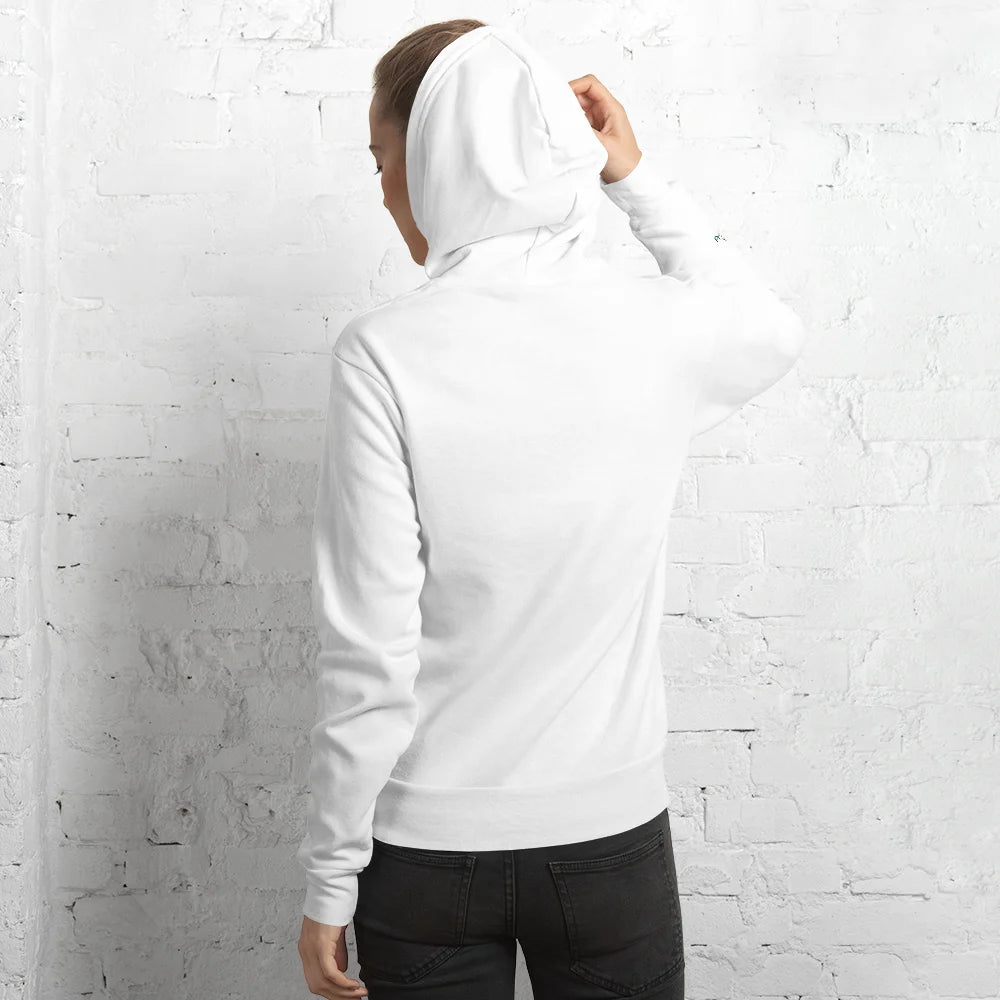 Rückansicht eines weißen Damen-Hoodies – lässig, bequem und perfekt für jeden Anlass