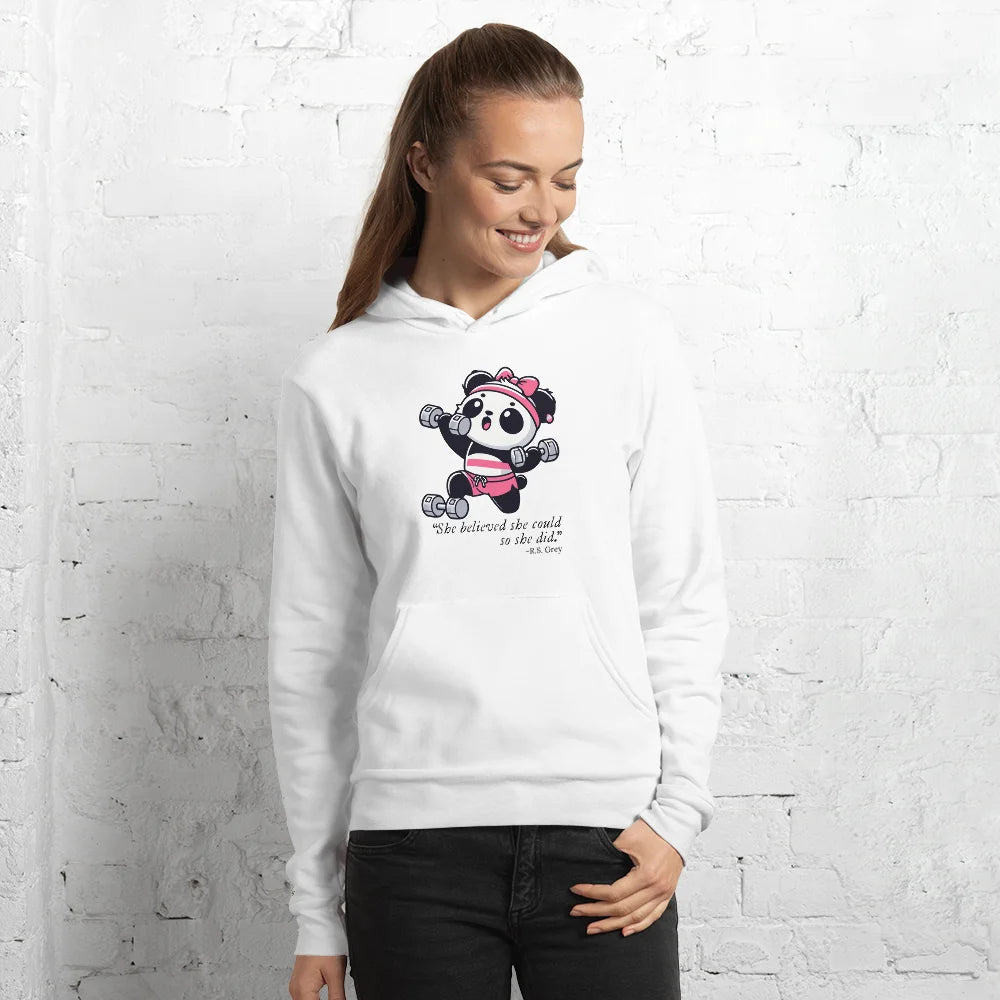 Weißer Hoodie mit einem niedlichen Cartoon-Panda, der Hanteln hebt und rosa Trainingskleidung trägt